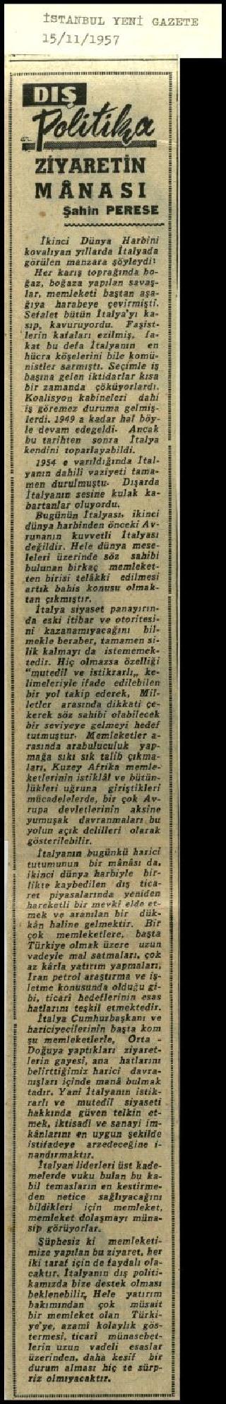 Ritagli di giornali della stampa turca sul viaggio di Gronchi ad Ankara ed Istanbul