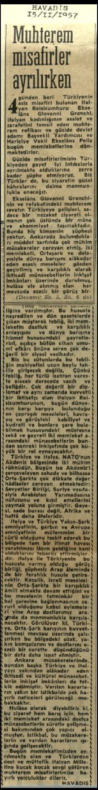 Ritagli di giornali della stampa turca sul viaggio di Gronchi ad Ankara ed Istanbul