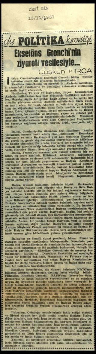 Ritagli di giornali della stampa turca sul viaggio di Gronchi ad Ankara ed Istanbul