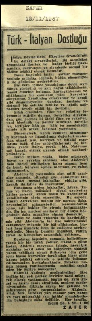 Ritagli di giornali della stampa turca sul viaggio di Gronchi ad Ankara ed Istanbul