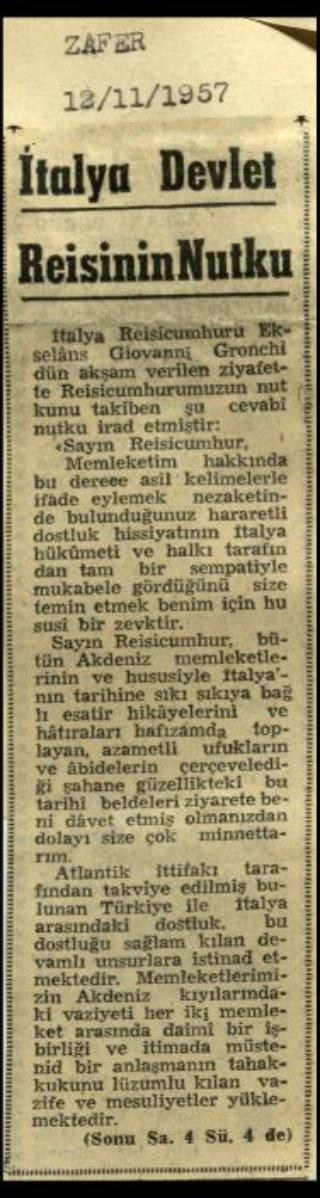 Ritagli di giornali della stampa turca sul viaggio di Gronchi ad Ankara ed Istanbul