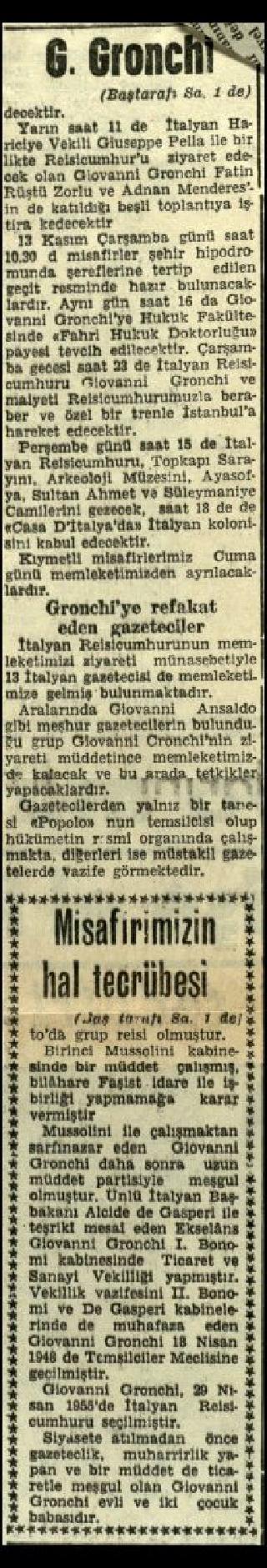 Ritagli di giornali della stampa turca sul viaggio di Gronchi ad Ankara ed Istanbul