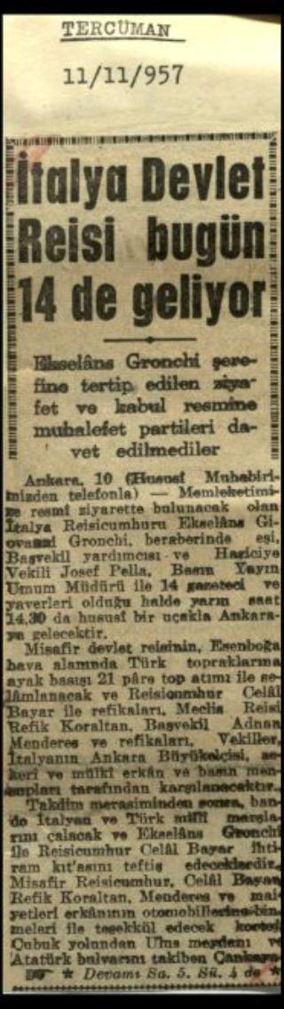 Ritagli di giornali della stampa turca sul viaggio di Gronchi ad Ankara ed Istanbul
