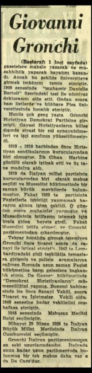 Ritagli di giornali della stampa turca sul viaggio di Gronchi ad Ankara ed Istanbul