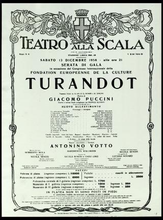 Giovanni Gronchi al Teatro alla Scala di Milano per la rappresentazione della Turandot di Giacomo Puccini in occasione del congresso internazionale della Fondazione europea di cultura