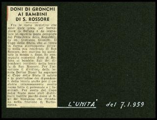 Distribuzione doni offerti dal Presidente della Repubblica e dalla Signora Carla Bissatini ai figli dei dipendenti della Tenuta di San Rossore in occasione della Befana 1959