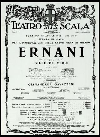 Giovanni Gronchi al Teatro alla Scala di Milano per la rappresentazione dell'Ernani di Giuseppe Verdi in occasione dell'inaugurazione della XXXVII Fiera di Milano