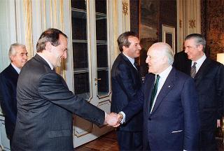 Il Presidente della Repubblica Oscar Luigi Scalfaro incontra Luigi Abete, presidente della Confindustria, e i segretari generali della CGIL, Bruno Trentin, della CISL, Sergio D'Antoni e della UIL, Pietro Larizza