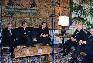 Il Presidente della Repubblica Oscar Luigi Scalfaro incontra Luigi Abete, presidente della Confindustria, e i segretari generali della CGIL, Bruno Trentin, della CISL, Sergio D'Antoni e della UIL, Pietro Larizza