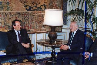 Il Presidente della Repubblica Oscar Luigi Scalfaro incontra Luigi Abete, presidente della Confindustria, e i segretari generali della CGIL, Bruno Trentin, della CISL, Sergio D'Antoni e della UIL, Pietro Larizza