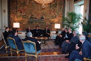 Il Presidente della Repubblica Oscar Luigi Scalfaro incontra Luigi Abete, presidente della Confindustria, e i segretari generali della CGIL, Bruno Trentin, della CISL, Sergio D'Antoni e della UIL, Pietro Larizza
