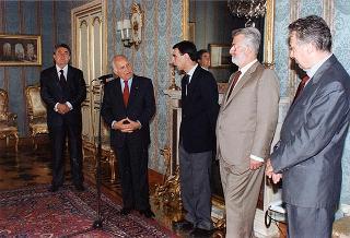 Il Presidente della Repubblica Oscar Luigi Scalfaro incontra l'ing. Giancarlo Lombardi, ministro della pubblica istruzione, con una delegazione del Contingente Italia della Federazione italiana dello scautismo