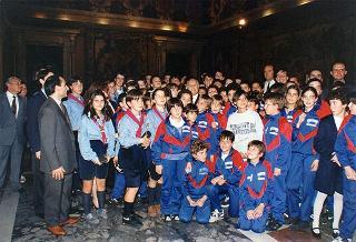 Il Presidente della Repubblica Oscar Luigi Scalfaro riceve in udienza l'on. avv. Rosa Russo Jervolino, con una delegazione del Centro anziani e dell'Oratorio di piazza Adriana (Roma), gestito dai fratelli di Nostra Signora della Misericordia