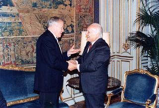 Incontro del Presidente della Repubblica Oscar Luigi Scalfaro con il Maestro Georges Pretre, accompagnato dal prof. Bruno Cagli, presidente dell'Accademia nazionale di Santa Cecilia