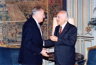 Incontro del Presidente della Repubblica Oscar Luigi Scalfaro con il Maestro Georges Pretre, accompagnato dal prof. Bruno Cagli, presidente dell'Accademia nazionale di Santa Cecilia