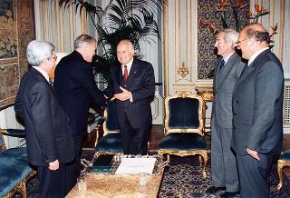 Incontro del Presidente della Repubblica Oscar Luigi Scalfaro con il Maestro Georges Pretre, accompagnato dal prof. Bruno Cagli, presidente dell'Accademia nazionale di Santa Cecilia