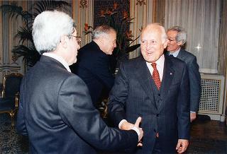 Incontro del Presidente della Repubblica Oscar Luigi Scalfaro con il Maestro Georges Pretre, accompagnato dal prof. Bruno Cagli, presidente dell'Accademia nazionale di Santa Cecilia