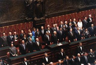 Roma, Palazzo Montecitorio: intervento del Presidente della Repubblica alla cerimonia per la celebrazione del 50° anniversario della Fondazione della Repubblica (in Aula)