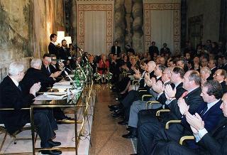 Intervento del Presidente della Repubblica alla cerimonia di presentazione del libro "Attualità di Enrico De Nicola" di Giovanni Leone. Roma, Senato della Repubblica