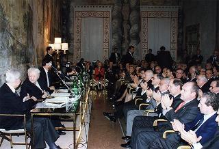 Intervento del Presidente della Repubblica alla cerimonia di presentazione del libro "Attualità di Enrico De Nicola" di Giovanni Leone. Roma, Senato della Repubblica