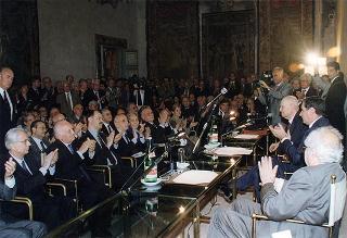 Intervento del Presidente della Repubblica alla cerimonia per il 90° compleanno del senatore a vita Francesco De Martino. Roma, Palazzo Giustiniani