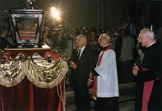 Intervento del Presidente della Repubblica Scalfaro alla 4^ celebrazione della ricognizione delle reliquie dei Santi Patroni, a Suno (Novara)