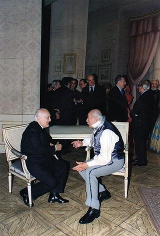 Intervento del Presidente della Repubblica alla rappresentazione della commedia "Mercadet l'affarista" di Honorè de Balzac, promossa dall'Ente Teatrale Italiano per rendere omaggio alla lunga attività artistica di Ernesto Calindri, protagonista dello spettacolo.