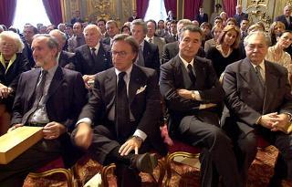 Un momento della cerimonia di consegna del "Premio Leonardo" e "Qualità Italia". Da sinistra i premiati Renzo Piano, Diego Della Valle, Giovanni Zonin e Pasquale Pistorio