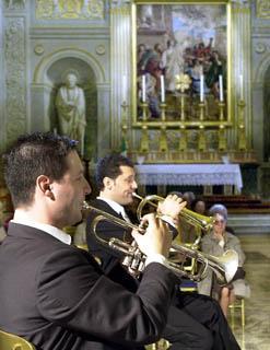 Un momento del concerto di musica da camera eseguito dal Gruppo Italiano di Ottoni, con musiche di Purcel, Bach e Verdi, nella Cappella Paolina del Palazzo del Quirinale