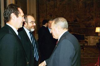 Incontro con il Prof. Roberto Zaccaria e il Dott. Pier Luigi Celli, rispettivamente Presidente e Direttore generale della RAI, per presentare un cofanetto di films di Federico Fellini restaurati dalla RAI, Palazzo del Quirinale