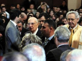 Il Presidente Giorgio Napolitano con il Rettore dell'Università all'arrivo nella sala delle Conferenze