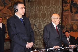 Il Presidente Giorgio Napolitano con Filip Vujanovic, Presidente del Montenegro in visita ufficiale nel corso delle dichiarazioni alla stampa