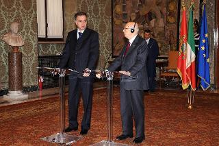 Il Presidente Giorgio Napolitano e il Signor Filip Vujanovic, Presidente del Montenegro, in un momento delle dichiarazioni alla stampa