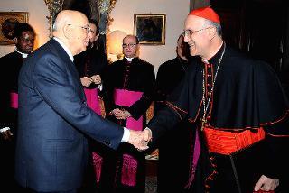 Il Presidente Giorgio Napolitano con il Segretario di Stato Vaticano, S. Eminenza il Cardinale Tarcisio Bertone, all'Ambasciata d'Italia presso la Santa Sede