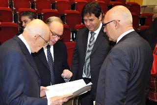 Il Presidente Giorgio Napolitano con Ennio e Andrea Morricone poco prima della cerimonia inaugurale per le celebrazioni dei 150 anni dell'Unità d'Italia a Tor Vergata