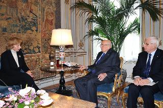 Il Presidente Giorgio Napolitano con la Signora Maria Romana De Gasperi, Vice Presidente della Fondazione Alcide De Gasperi, durante i colloqui