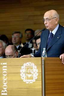 Il Presidente Giorgio Napolitano durante il suo intervento all'Università &quot;Luigi Bocconi&quot; in occasione della cerimonia di inaugurazione dell'Anno Accademico