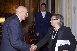 Il Presidente Giorgio Napolitano accoglie l'On. Maria Lagana' Fortugno nel suo studio al Quirinale
