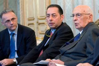 Il Presidente Giorgio Napolitano con Gianni Pittella e Mario Mauro, in occasione dell'incontro con una delegazione del Centro Meseuro - Centro di Fondazioni per l'Europa del Mediterraneo