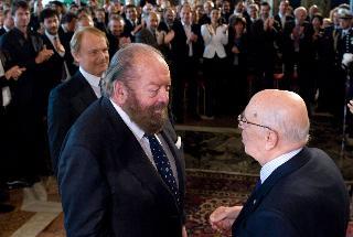Il Presidente Giorgio Napolitano con Bud Spencer e Terence Hill, vincitori del David speciale alla carriera