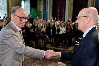 Il Presidente Giorgio Napolitano con Ennio Moricone, in occasione della cerimonia di presentazione della 54° edizione dei Premi &quot;David di Donatello&quot;