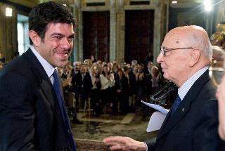 Il Presidente Giorgio Napolitano con Pier Francesco Favino, in occasione della cerimonia di presentazione della 54° edizione dei Premi "David di Donatello"