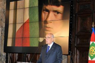 Il Presidente della Repubblica Giorgio Napolitano nel corso della cerimonia del Giorno della Memoria dedicato alle vittime del terrorismo