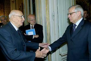 Il Presidente Giorgio Napolitano accoglie Josep Borrell Fontelles, Presidente del Parlamento Europeo.