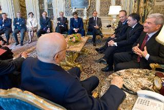 Il Presidente Giorgio Napolitano nel corso dei colloqui con Carlo Sangalli, Presidente di turno di &quot;Rete Imprese Italia&quot;,e una delegazione dell'Associazione interconfederale