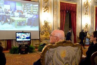 Il Presidente Giorgio Napolitano e il Ministro dell'Istruzione, Università e Ricerca Mariastella Gelmini nel corso della videoconferenza con il personale della stazione Concordia, in occasione della cerimonia del 25° anniversario dell'avvio del Programma Nazionale di Ricerche in Antartide (PNRA)