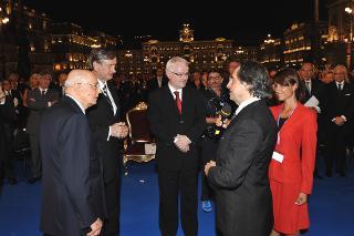 Il Presidente Giorgio Napolitano con i Presidenti della Repubblica di Croazia e Slovenia, saluta il Maestro Riccardo Muti al termine del concerto &quot;Le Vie dell'Amicizia&quot;