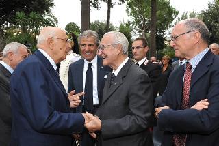 Il Presidente Giorgio Napolitano nel corso della cerimonia di celebrazione del 50° anniversario delle Olimpiadi di Roma con Nino Benvenuti, Edoardo Mangiarotti e Livio Berruti