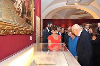 Il Presidente Giorgio Napolitano nel corso della visita della Mostra &quot;L'Idea di Roma. Una città nella storia&quot; in occasione dei 140 anni di Roma Capitale, allestita nel Complesso Monumentale del Vittoriano