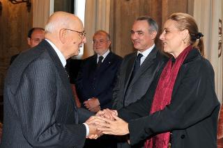 Il Presidente Giorgio Napolitano con Anna Maria e Giuseppe Cossiga, figli di Francesco Cossiga in occasione della cerimonia di commemorazione del Presidente Emerito della Repubblica